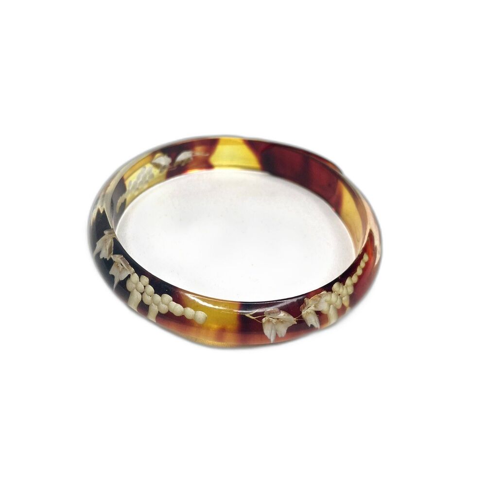 Rare Vintage Reverse Carved Grape Vine Brown & Yellow Resin Bangle Bracelet